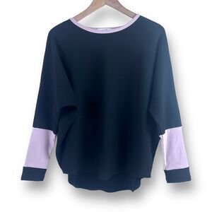 Sympli Women's M Dolman Sleeve Pullover Sweatshirt Black White Colorblock Boxy